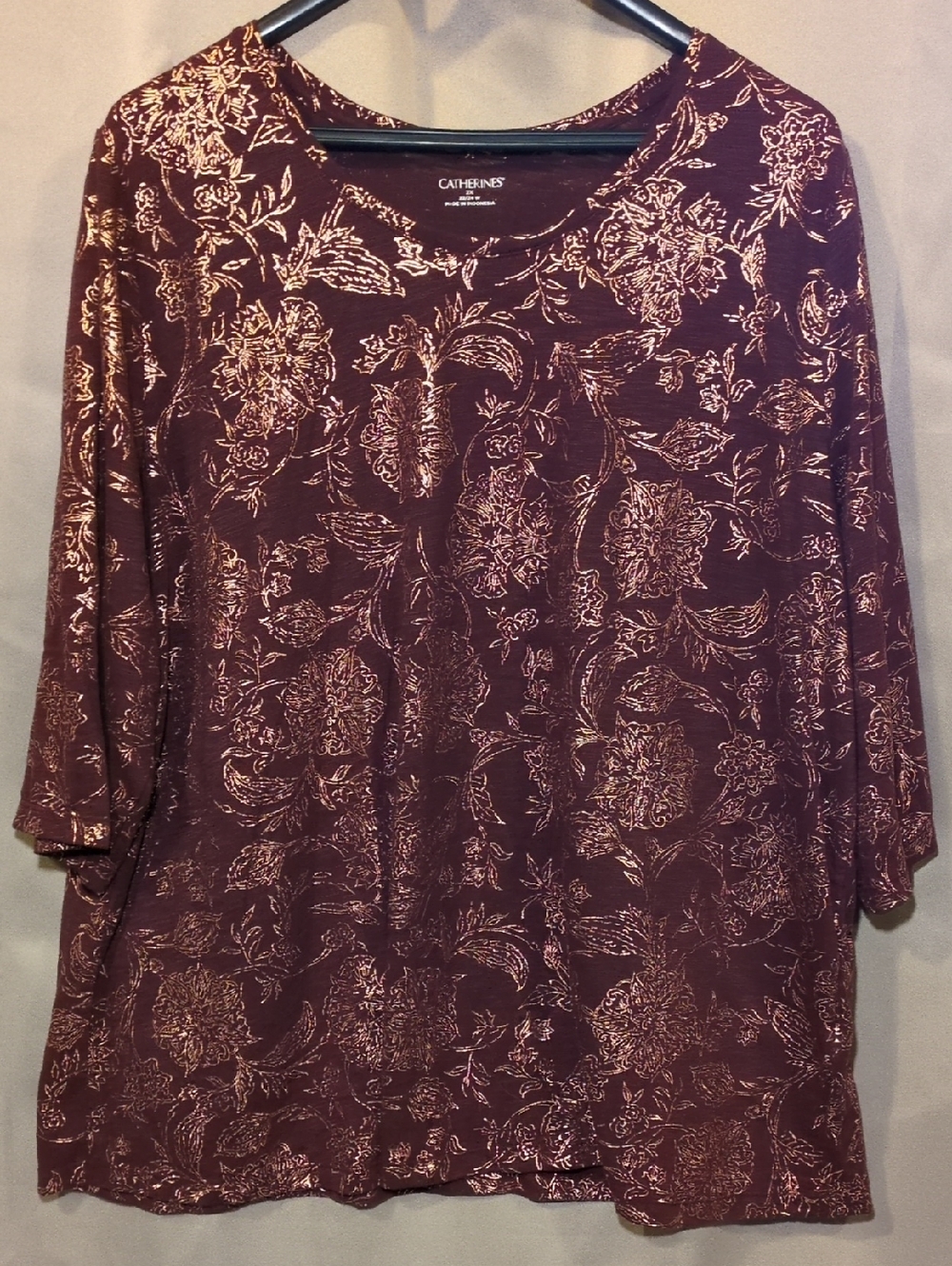 Catherines Burgundy Metallic Floral Long Sleeve Scoop Neck Tee